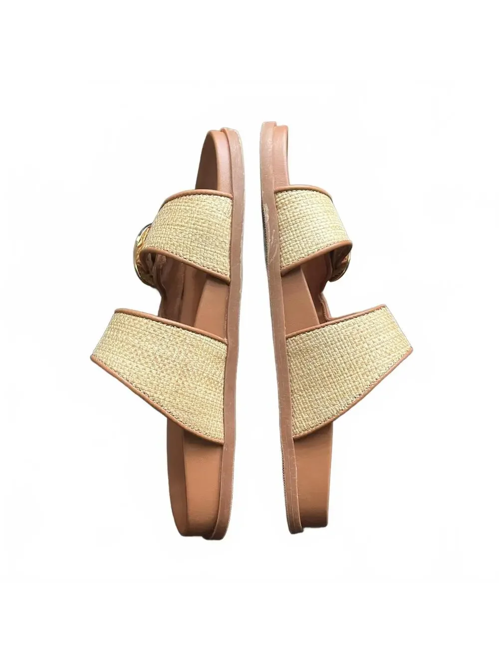 J.Crew Raffia Double Tan & Brown Gold Accents Buckle Slide Sandals